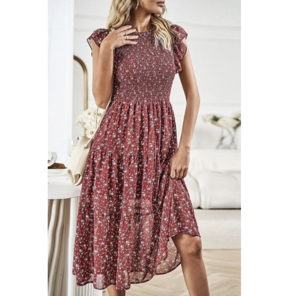 Zunie Smocked Floral Midi Dress | Juniors 14 - Fits Women’s XS–S | Wine Berry - Picture 10 of 17